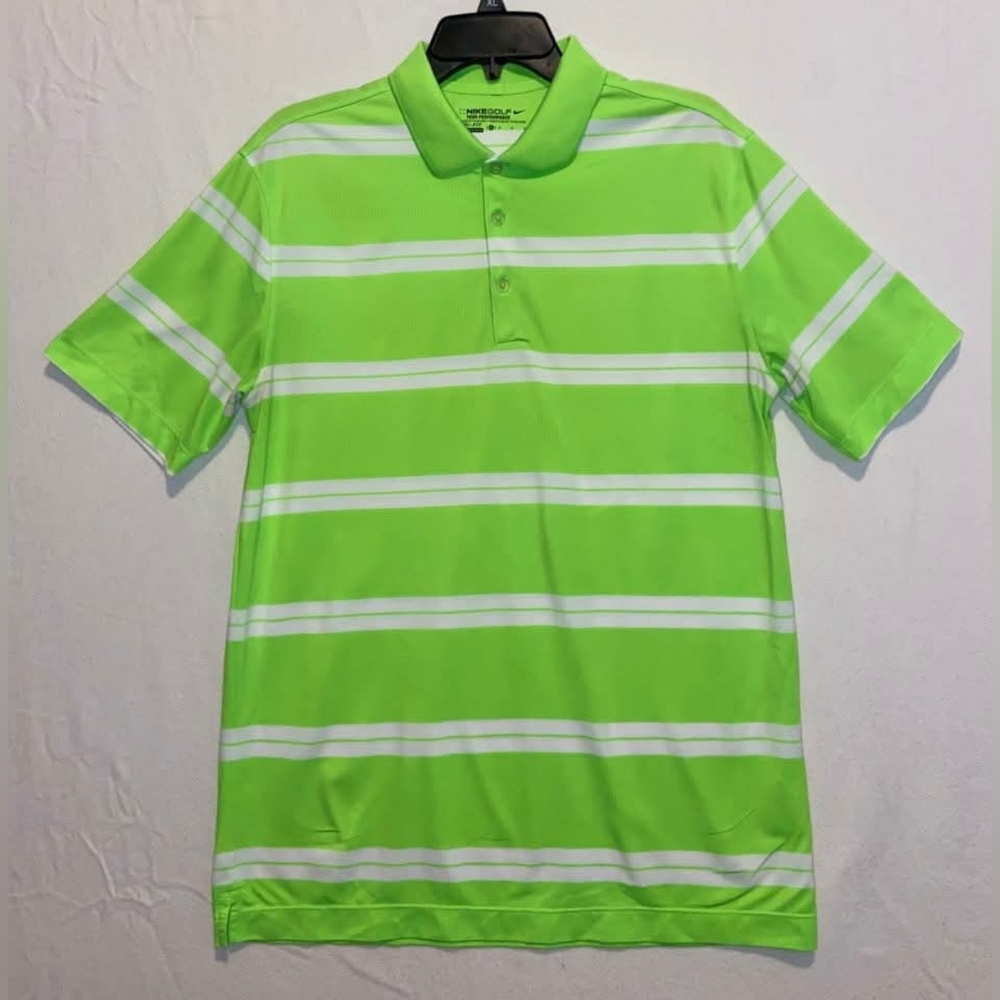 Nike Men’s Neon Green and White Striped Polo Shirt